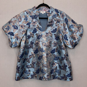 Umgee blue metallic floral brocade bubble sleeve top-M